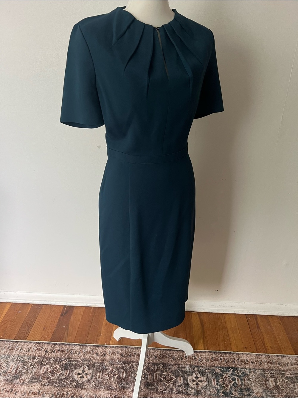 Burberry London women’s Deep Teal Dress with Pleated Keyhole Neck, Size 8